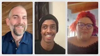Three people are shown in a video call, each in a separate frame. The person on the left has a beard, the person in the center is smiling and wearing a beanie, and the person on the right has glasses and red hair.