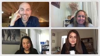 Four people are participating in a video call, each appearing in their own separate window against home backgrounds.