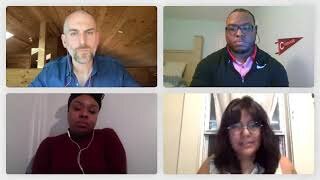 Four people participate in a video conference call, each shown in a separate window against different backgrounds.