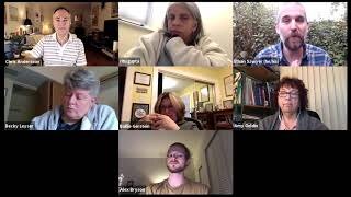 Seven people participate in a video conference call, each appearing in a separate frame with different indoor backgrounds.