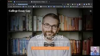 Screenshot of the College Essay Guy website homepage featuring a man with glasses and a bowtie, with the text "Get inspired" overlaid in the center.
