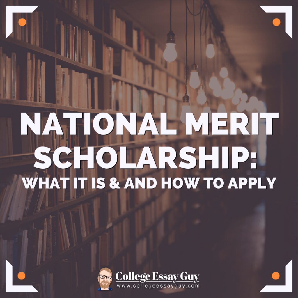 Text on image reading "National Merit Scholarship: What it is & and how to apply" over a blurred background of bookshelves and hanging lights.
