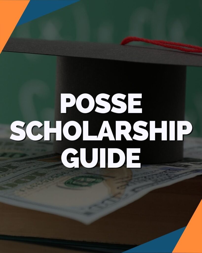 A graduation cap rests on a stack of cash and a book, with the text "Posse Scholarship Guide" in bold white letters across the center.