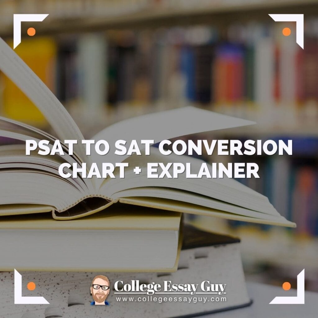 An open book resting on top of two closed books in a library, with text overlay: "PSAT to SAT Conversion Chart + Explainer.