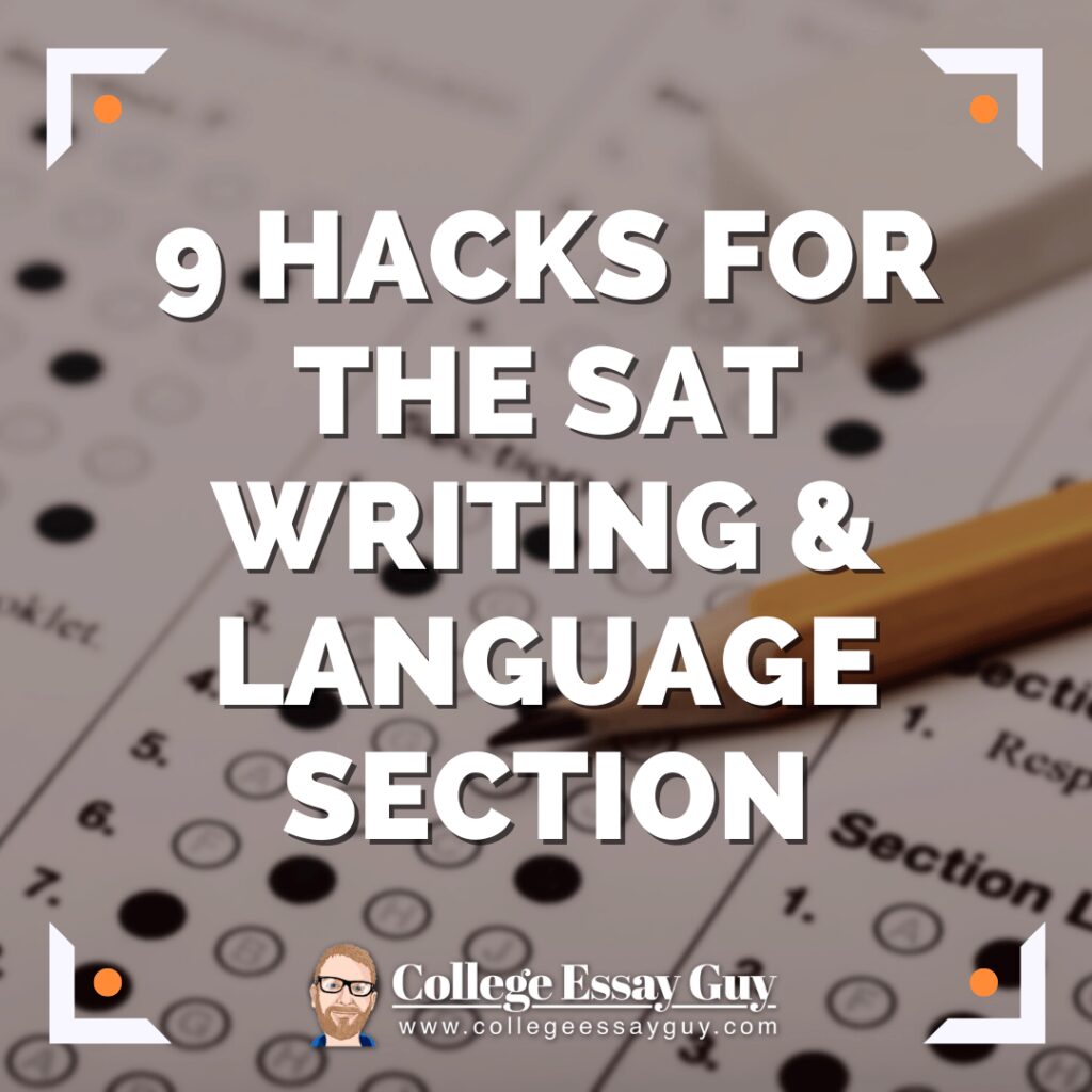 A pencil resting on a standardized test answer sheet with the text "9 Hacks for the SAT Writing & Language Section" overlaid.