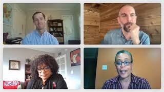 Four people participate in a video conference call, each in their own separate room, shown in a split-screen layout.
