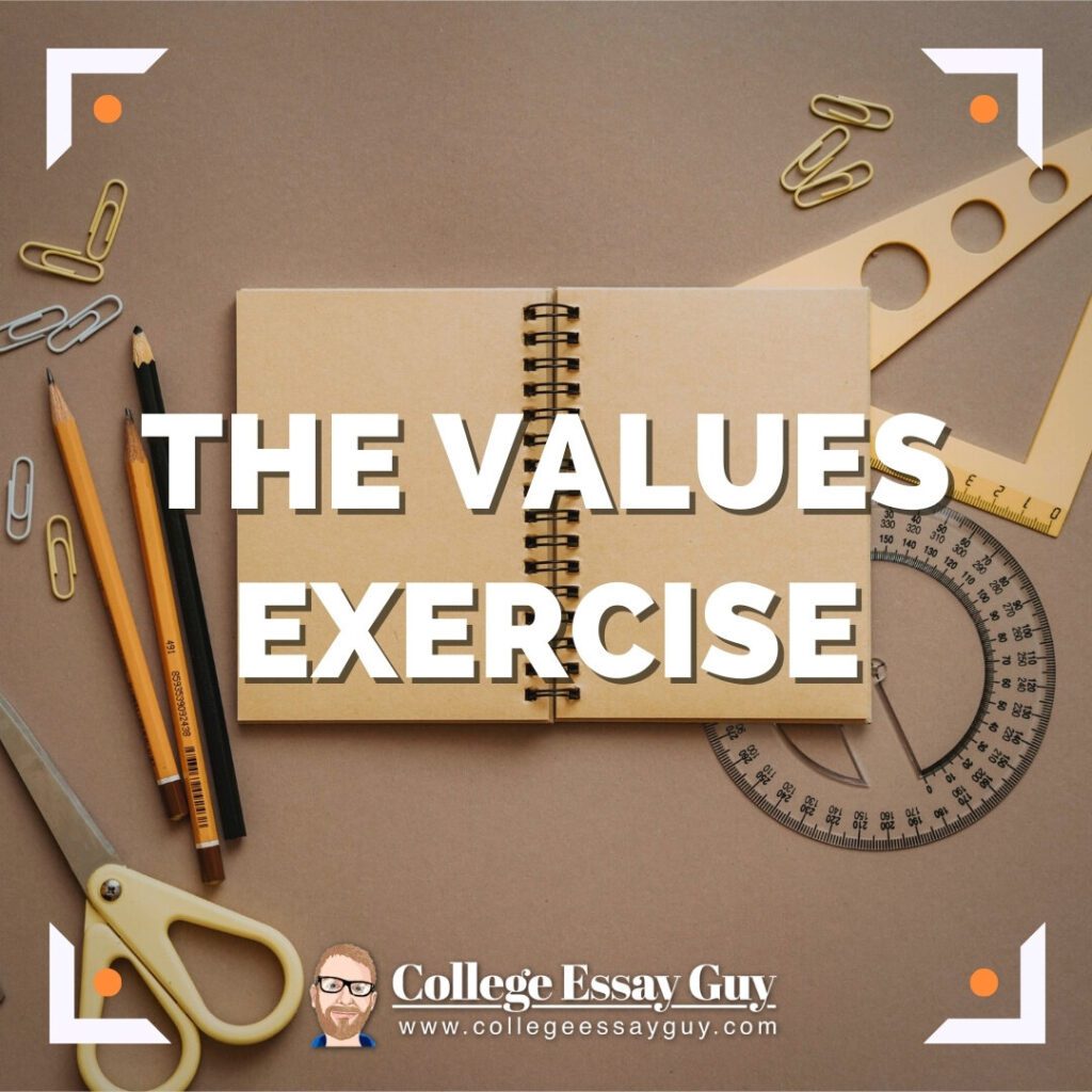 An open spiral notebook surrounded by pencils, scissors, a ruler, triangle, protractor, and paper clips on a brown background. Text reads: "THE VALUES EXERCISE.