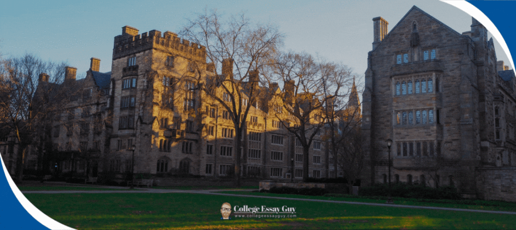 Stone buildings of a university campus are shown in the early evening, with long shadows cast on the grass and leafless trees in the background.