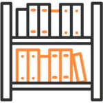 Icon of a bookshelf with two shelves, each holding several upright and tilted binders or folders. The outline is black with orange accents.