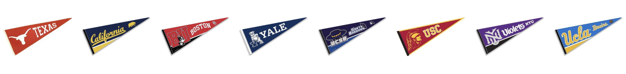 Seven college pennants are displayed in a row, each representing a different university with distinctive colors and logos.