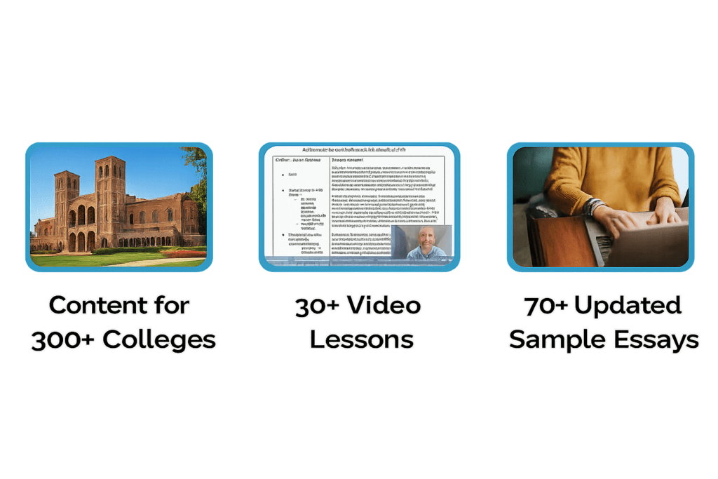 Three icons illustrate: content for 300+ colleges, 30+ video lessons with an instructor, and 70+ updated sample essays related to college admissions.