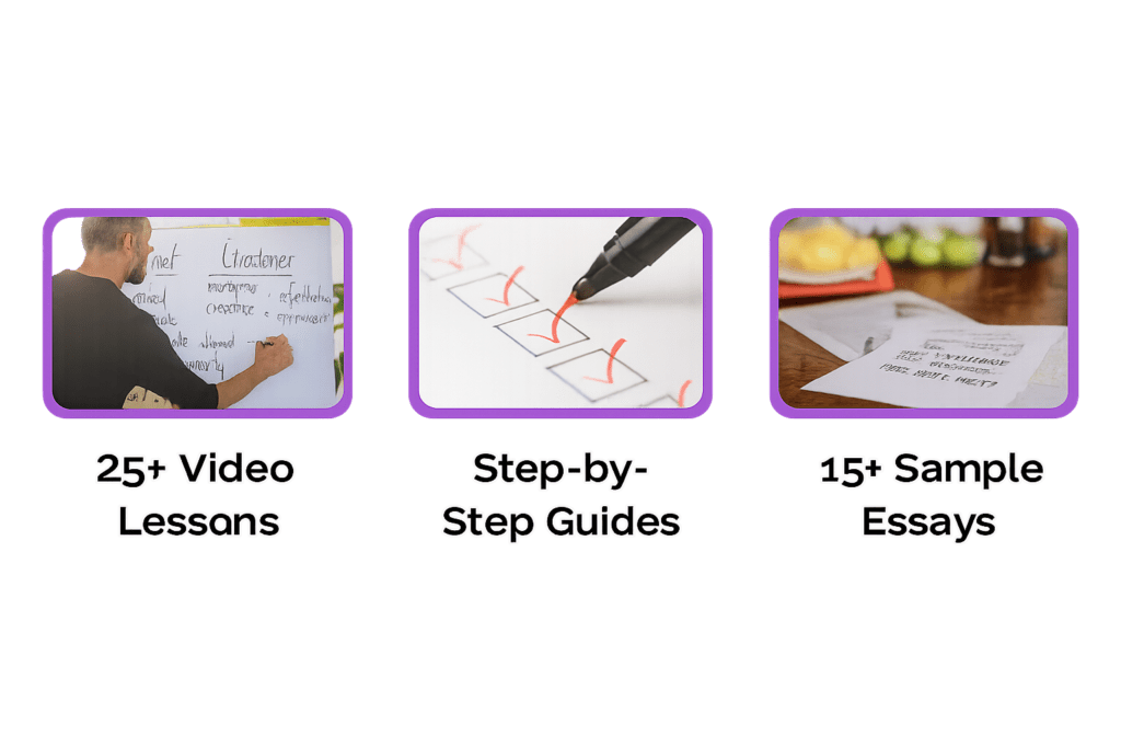 Three icons highlight educational resources: a person writing on a whiteboard for video lessons, a hand checking boxes for guides, and printed essays for sample essays.