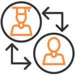 Two outlined icons in circles connected by arrows; one icon depicts a person with a graduation cap, the other a person without a cap.