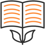 A simple illustration showing an open book with orange lines on its pages and two green leaves at the base, resembling a flower.