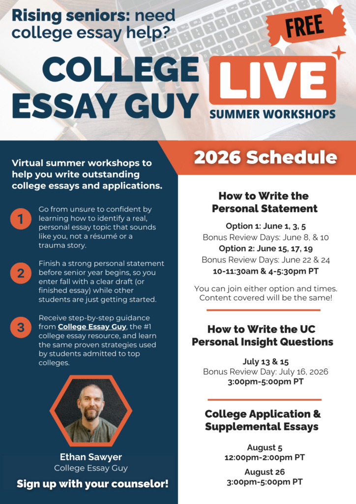 Flyer for "College Essay Guy Live Summer Workshops" offering free virtual sessions on college essays, with dates and times listed for 2026, featuring photo of Ethan Sawyer.