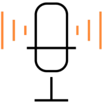 Black outline of a microphone with five vertical orange bars on each side, resembling sound waves, set against a transparent background.
