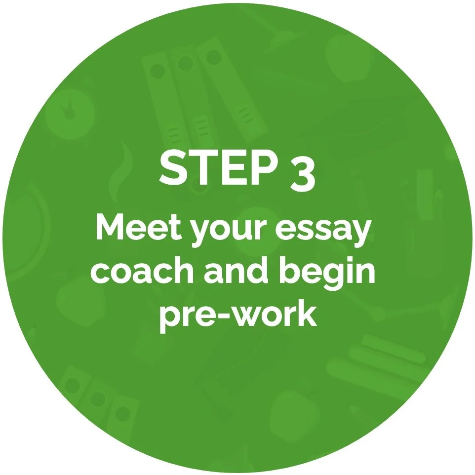 Green circle with white text that reads: "STEP 3 Meet your essay coach and begin pre-work.