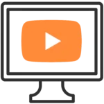 A computer monitor displaying an orange play button icon, indicating video playback or streaming.