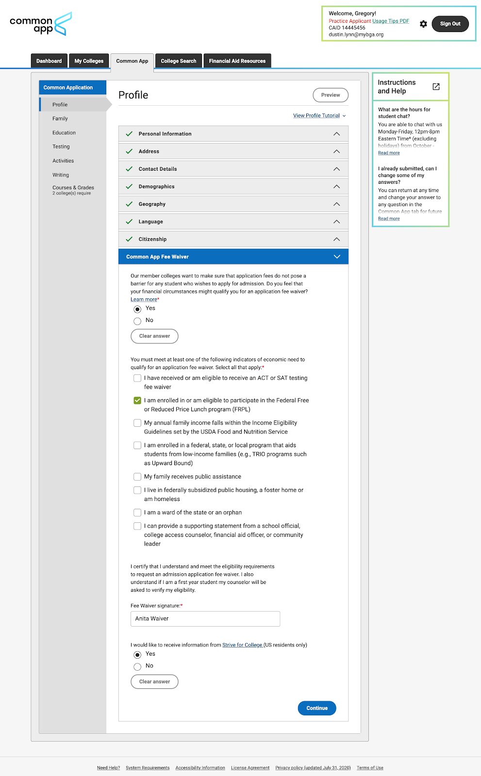 common application fee waiver 1