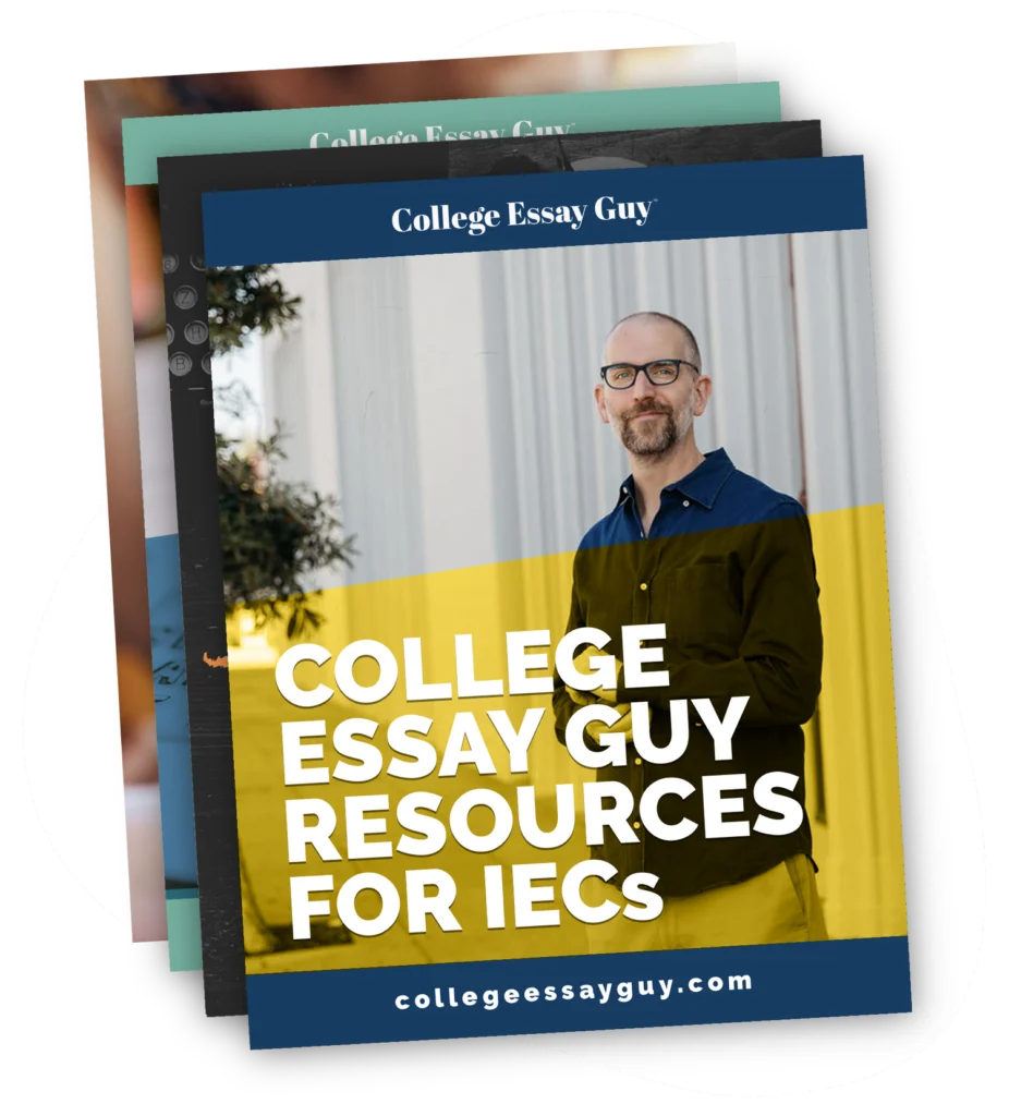 Stack of brochures titled "College Essay Guy Resources for IECs" featuring a man standing in front of a building, with the website collegeessayguy.com at the bottom.
