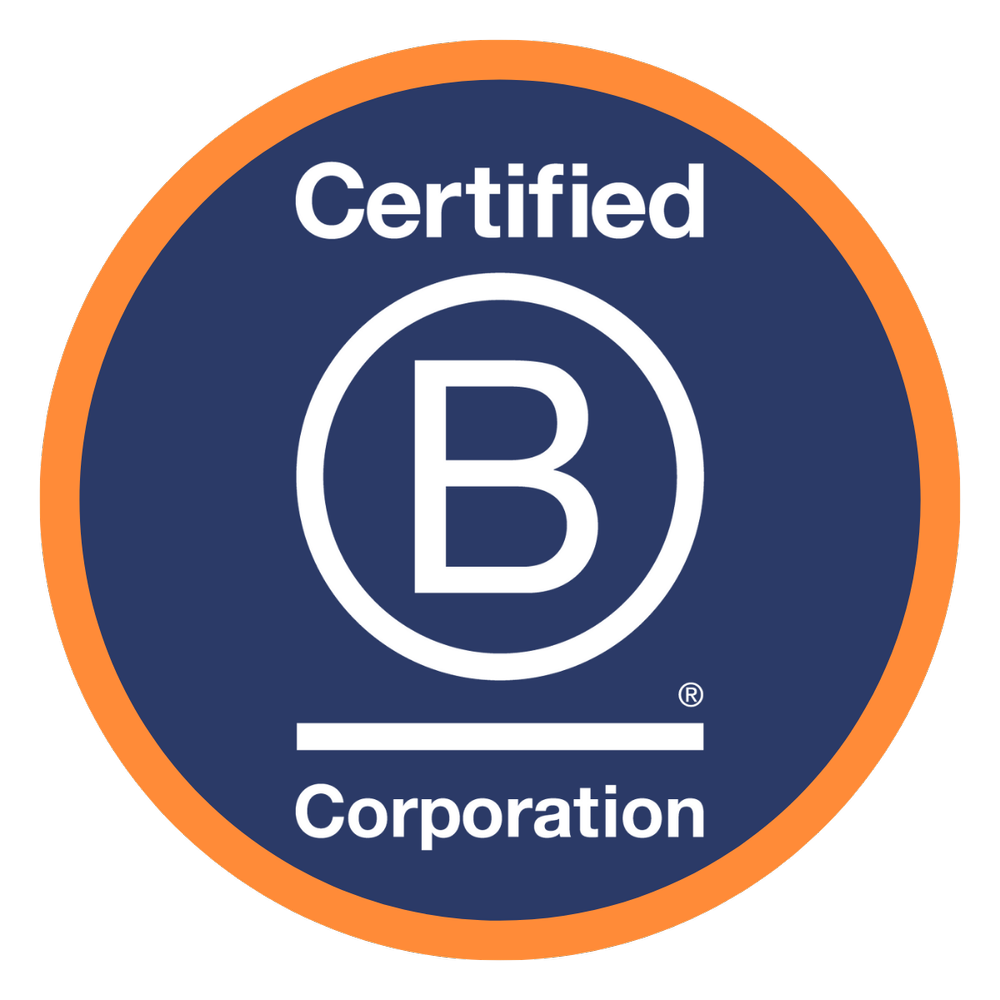 A circular blue and orange logo with the words "Certified B Corporation" and a large letter “B” in the center, indicating B Corporation certification.