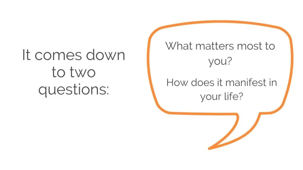 Text reads: "It comes down to two questions: What matters most to you? How does it manifest in your life?" with the questions inside an orange speech bubble.
