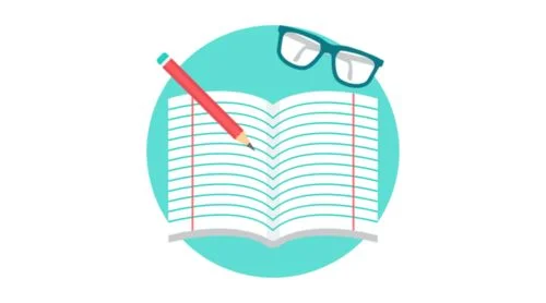 An open notebook with lined pages, a red pencil resting on it, and a pair of eyeglasses above, all set against a teal circular background.