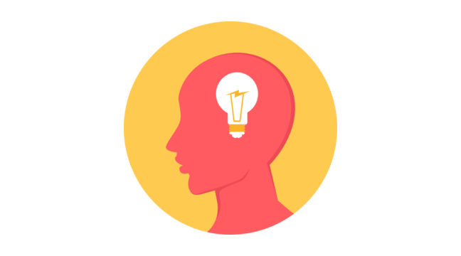 Silhouette of a human head in red with a light bulb inside, symbolizing an idea or thinking, set against a yellow circle background.