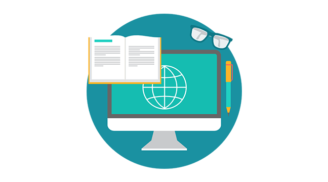 Illustration of a computer monitor displaying a globe icon, with an open book, eyeglasses, and a pencil nearby, symbolizing online learning or digital education.