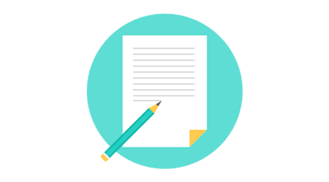 A sheet of lined paper with a yellow corner and a pencil is shown on a turquoise circular background.