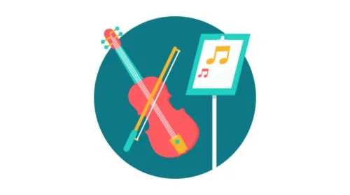 Illustration of a violin with a bow resting on it next to a music stand displaying a sheet with musical notes, all set against a teal circular background.