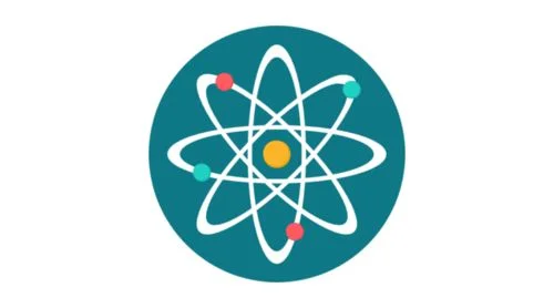 Icon of an atom with a yellow nucleus and three colored electrons orbiting on a teal circular background.