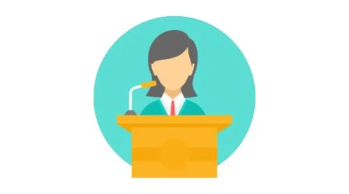Illustration of a person with medium-length hair standing at a podium with a microphone, set against a teal circular background.