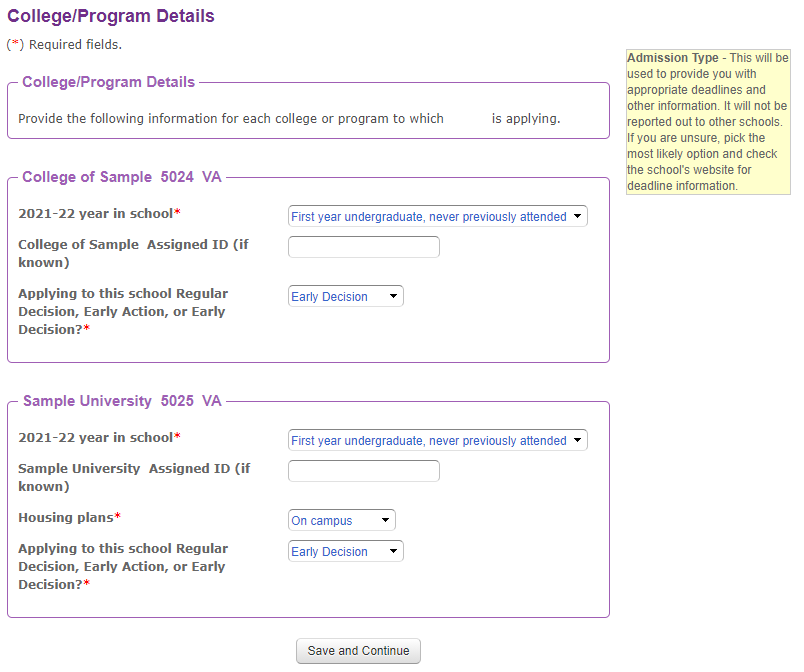 CSS Profile - College/Program Details