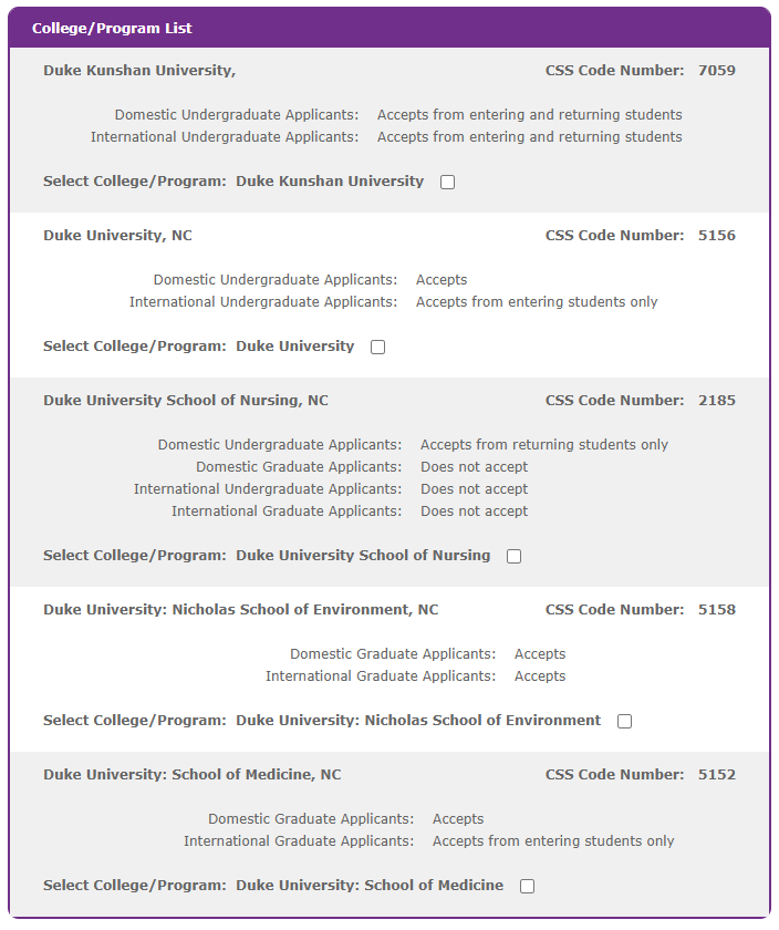 CSS Profile - College/Program List