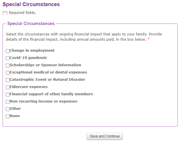 CSS Profile - Special Circumstances