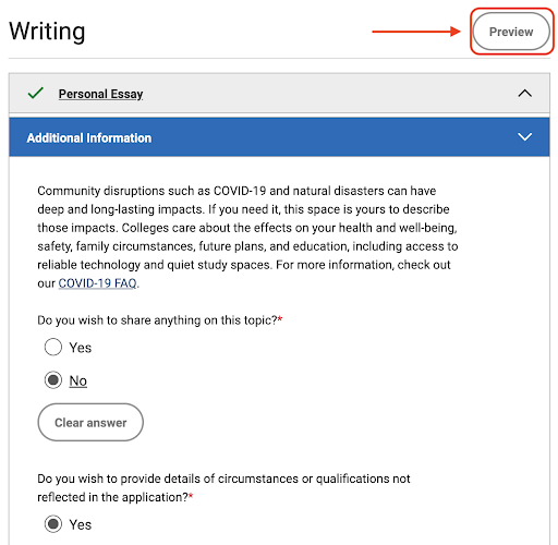 Screenshot of the Common App Additional Information section with an arrow pointing to the Preview button