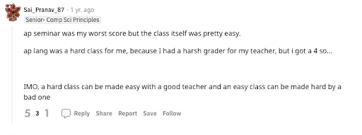 Screenshot of a Reddit comment saying a good teacher makes a hard class easy
