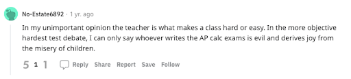 Screenshot of a Reddit comment joking that AP Calculus exam writers enjoy students' misery